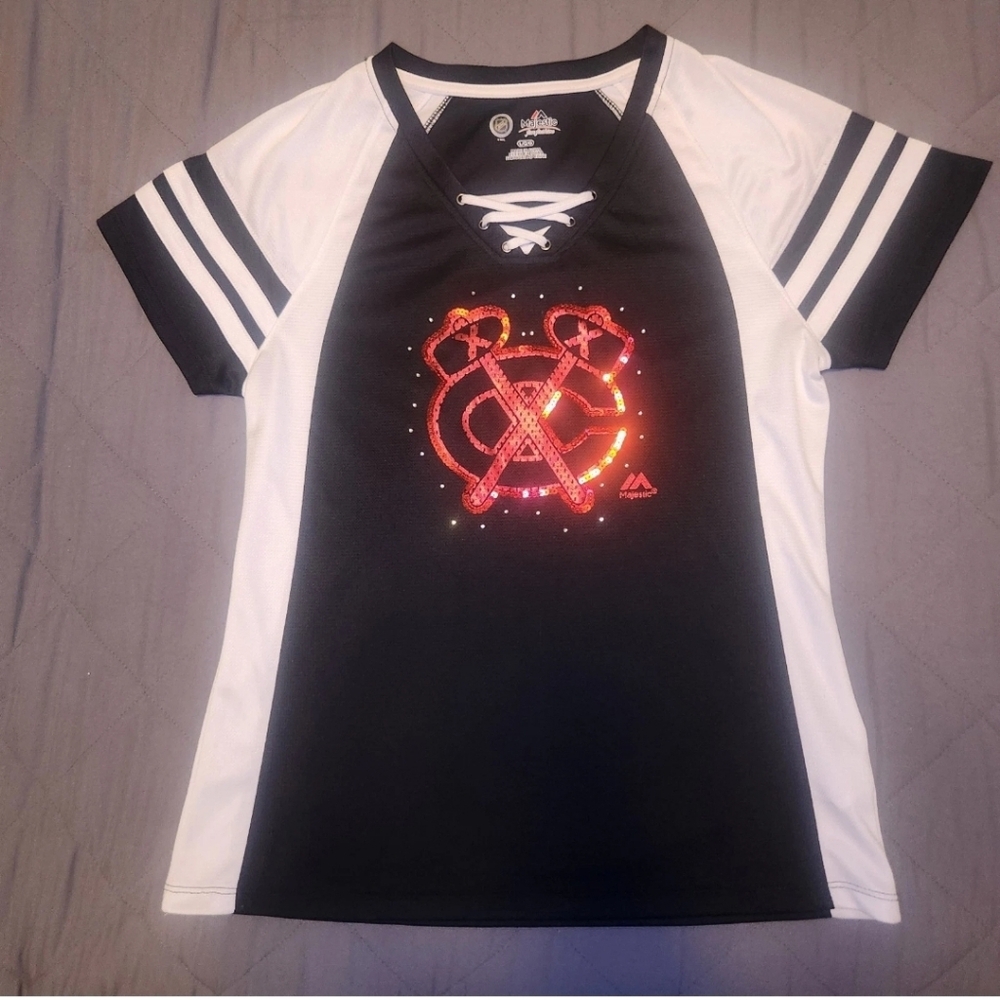 Majestic Chicago Blackhawks Black Shimmer Red Sequence Jersey Shirt Sz Large NHL